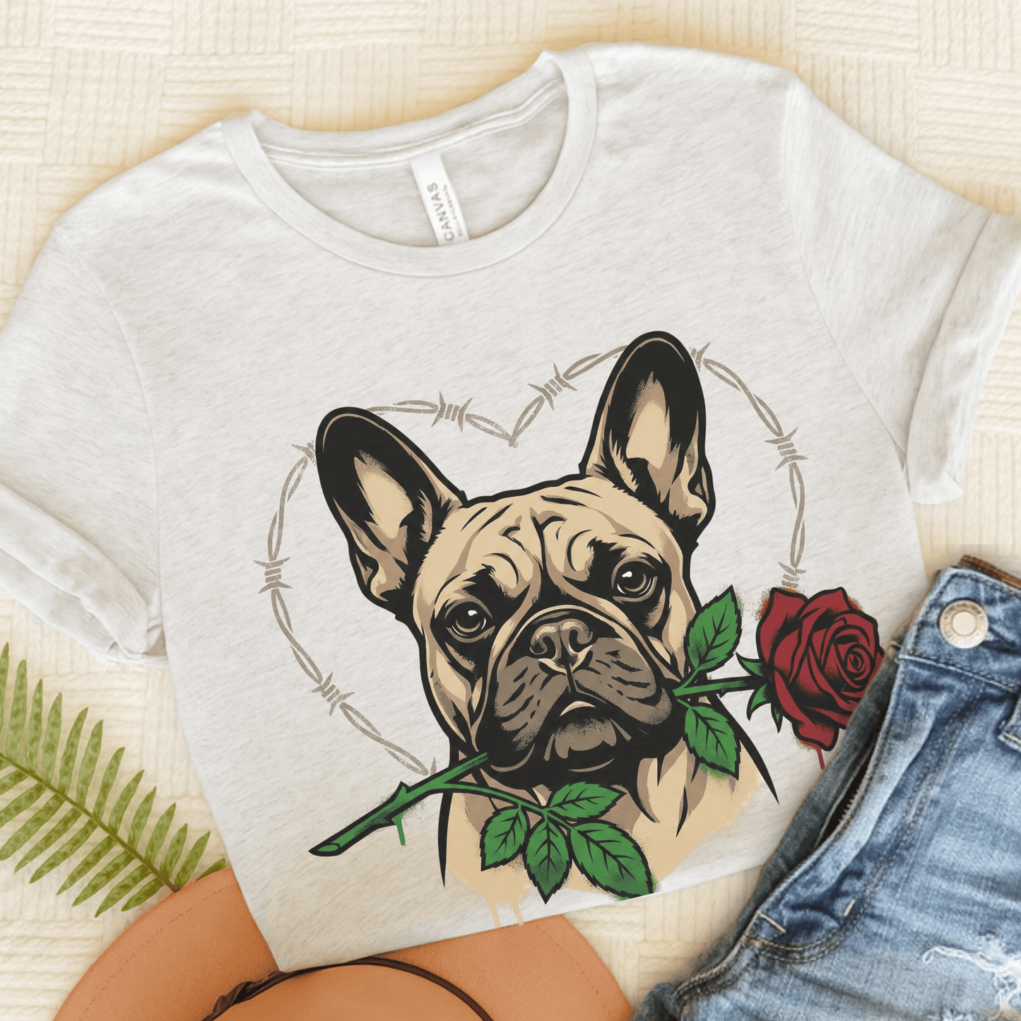 Fawn French Bulldog Valentines Rose Unisex TShirt Ash