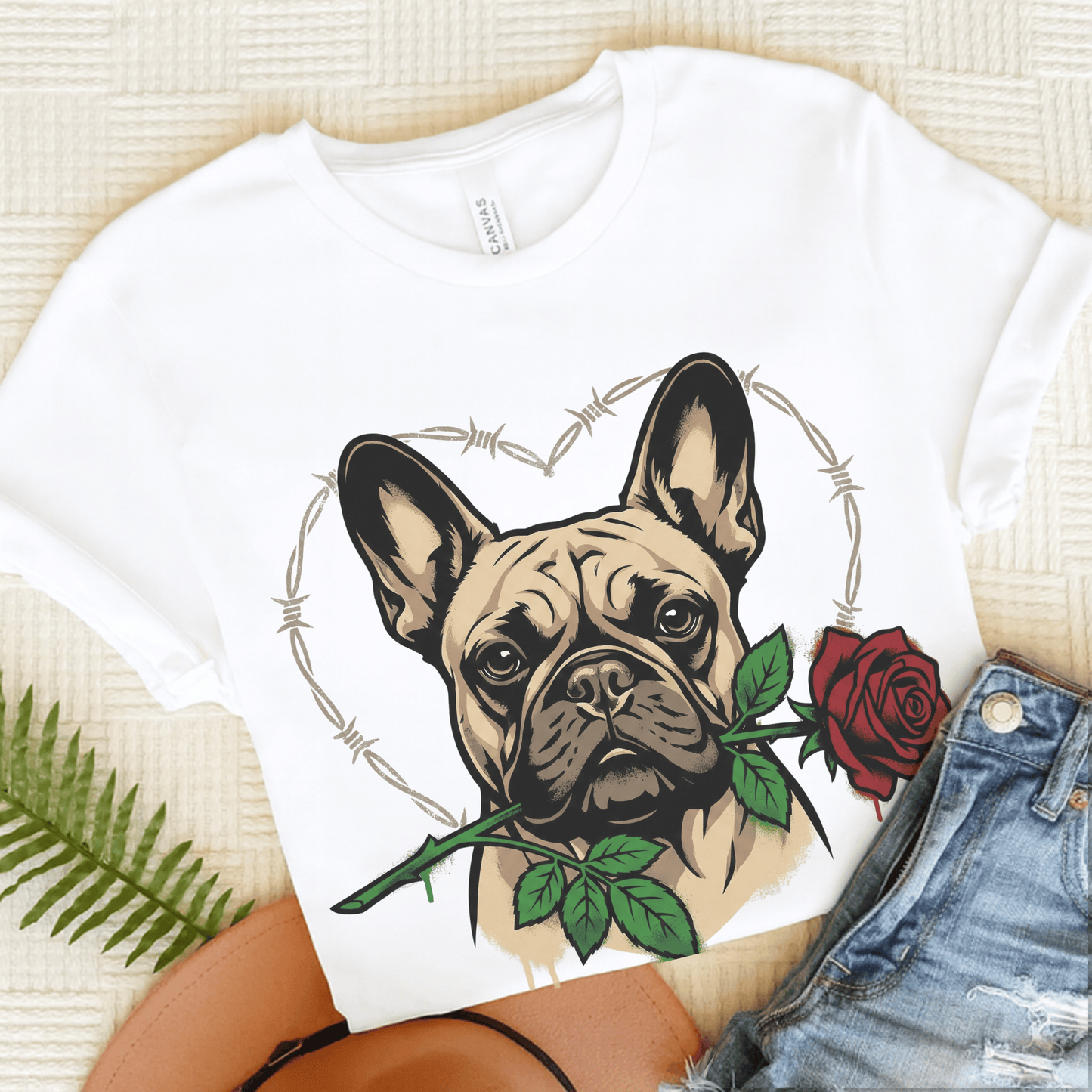Fawn French Bulldog Valentines Rose Unisex TShirt White