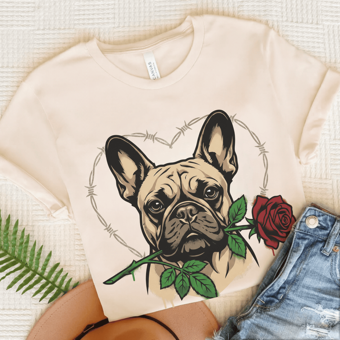 Fawn French Bulldog Valentines Rose Unisex TShirt Natural
