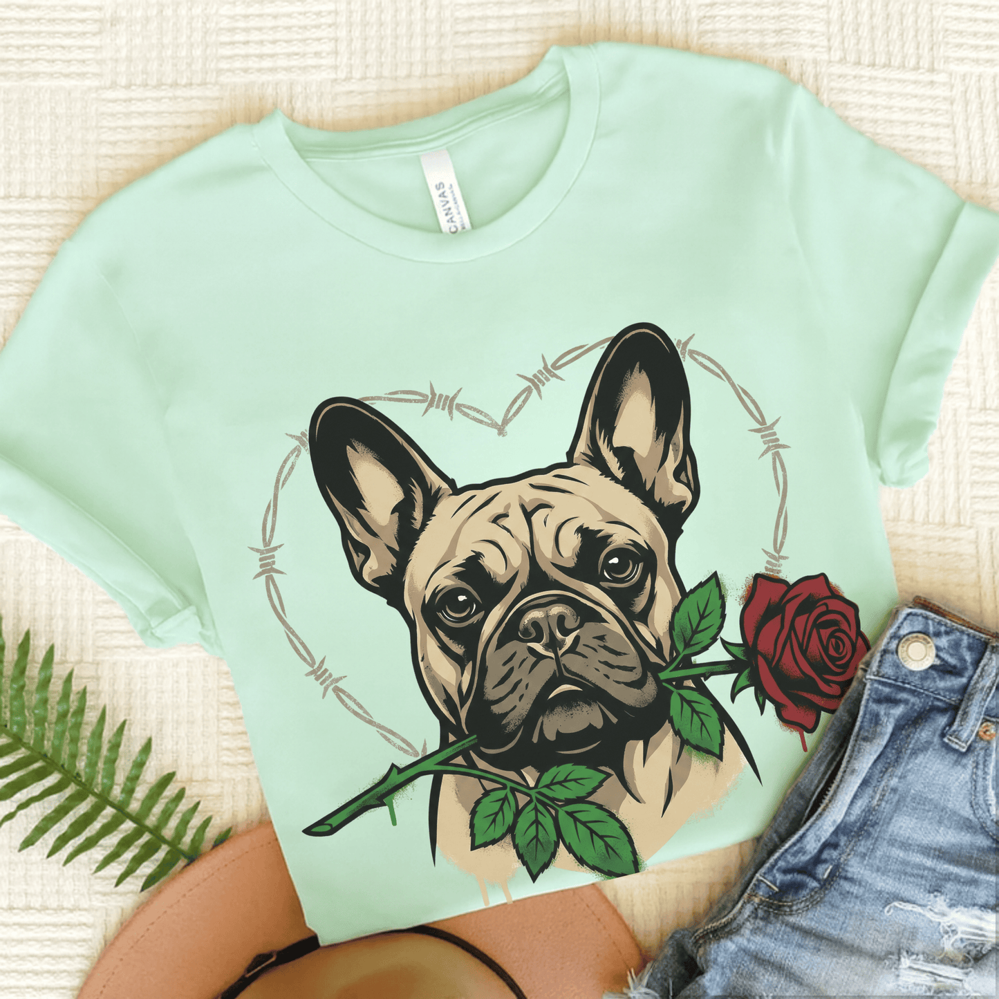 Fawn French Bulldog Valentines Rose Unisex TShirt Heather Mint