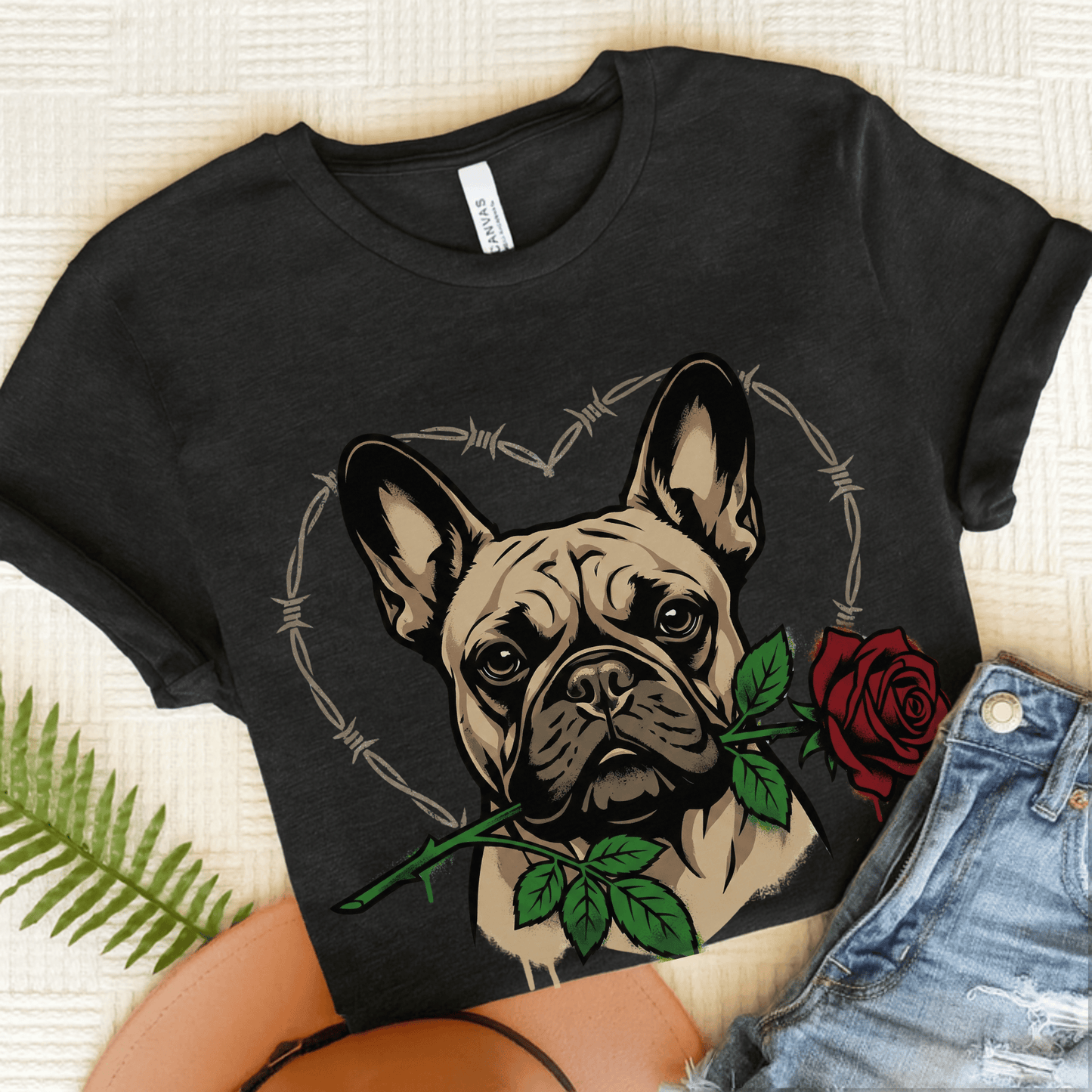 Fawn French Bulldog Valentines Rose Unisex TShirt Dark Grey Heather