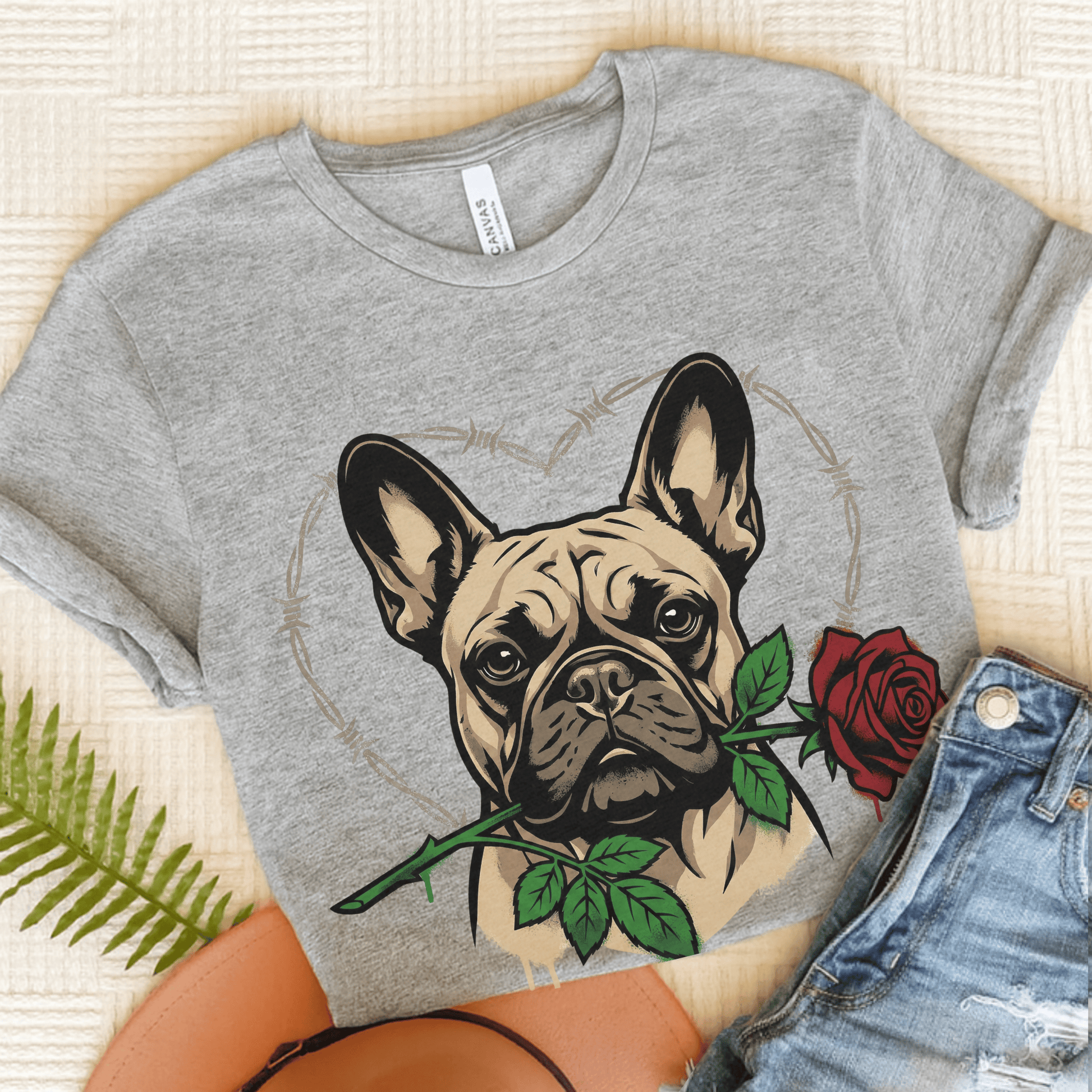 Fawn French Bulldog Valentines Rose Unisex TShirt Athletic Heather