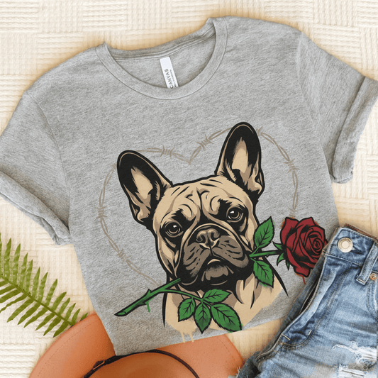 Fawn French Bulldog Valentines Rose Unisex TShirt Athletic Heather