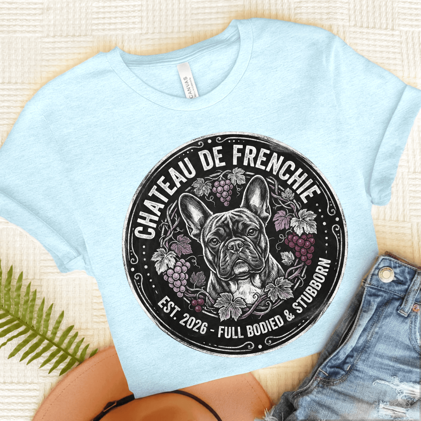 French Bulldog Wine Day Drinking Unisex TShirt Heather Ice Blue