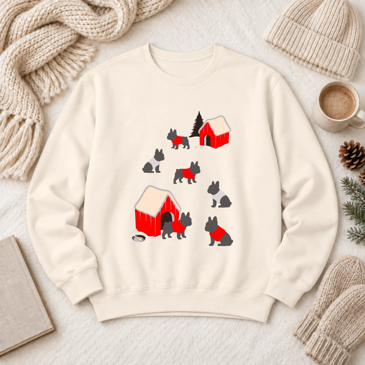French Bulldog Winter Snow Play Unisex Sweatshirt Ivory
