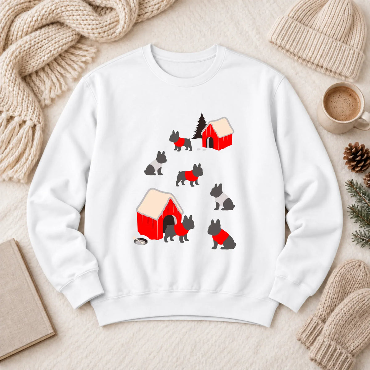 French Bulldog Winter Snow Play Unisex Sweatshirt White