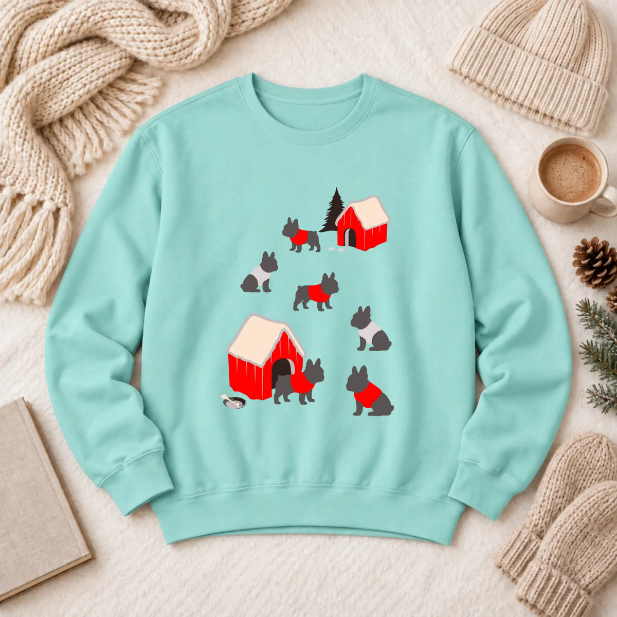 French Bulldog Winter Snow Play Unisex Sweatshirt Chalky Mint