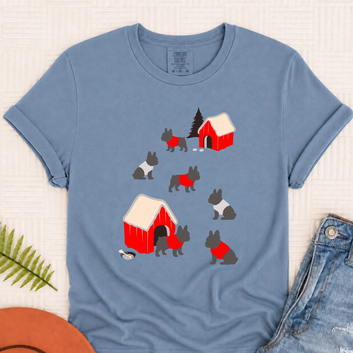 French Bulldog Winter Snow Play Unisex Tshirt Blue Jean