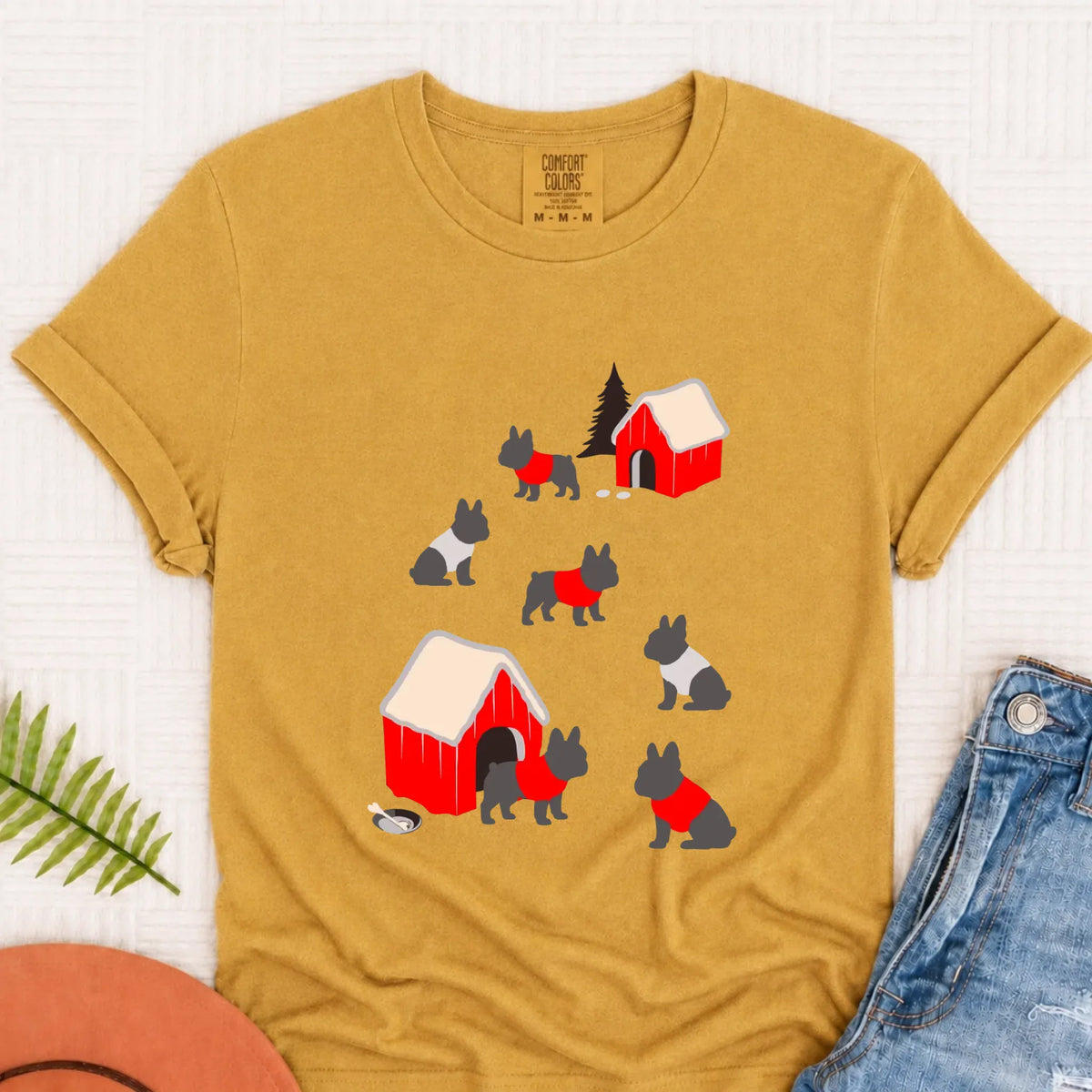 French Bulldog Winter Snow Play Unisex Tshirt Mustard