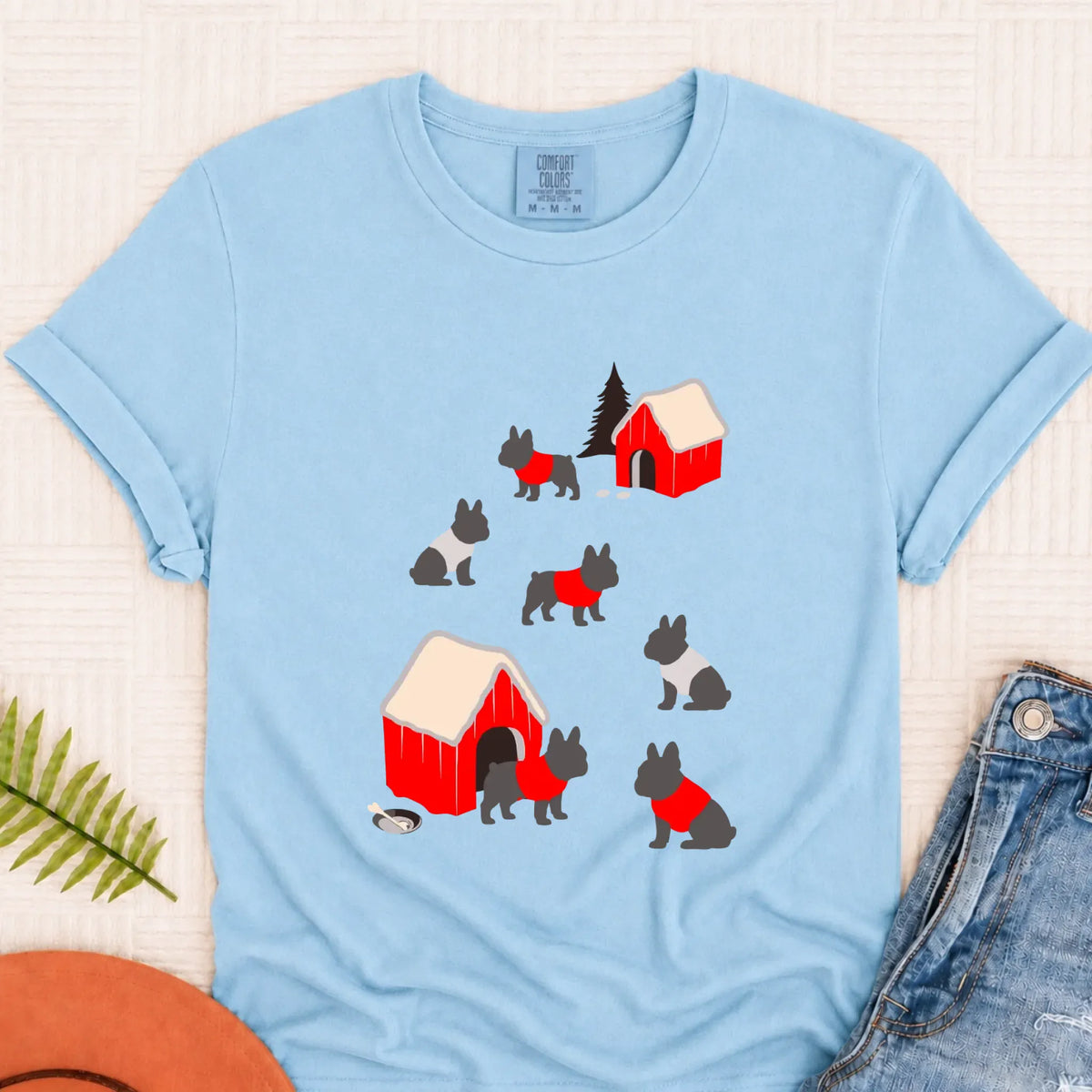 French Bulldog Winter Snow Play Unisex Tshirt Chambray