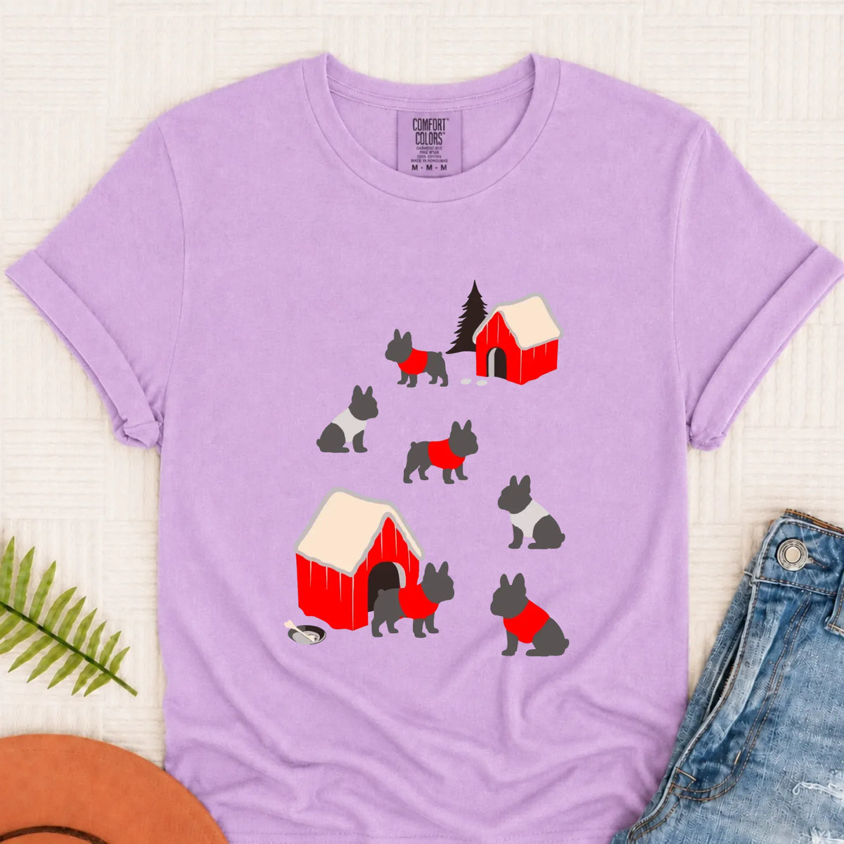 French Bulldog Winter Snow Play Unisex Tshirt Orchid