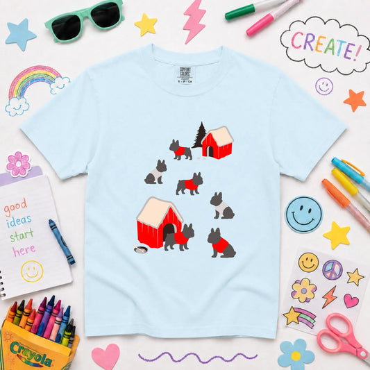 Youth Tshirt Chambray / XS French Bulldog Winter Snow Play Unisex YOUTH Tshirt