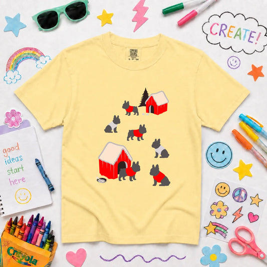 Youth Tshirt Butter / XS French Bulldog Winter Snow Play Unisex YOUTH Tshirt