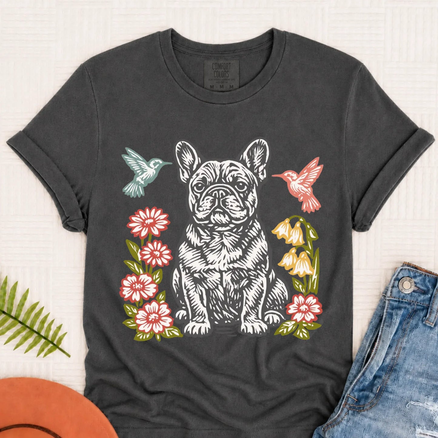 French Bulldog Woodcut Hummingbirds Unisex TShirt Pepper