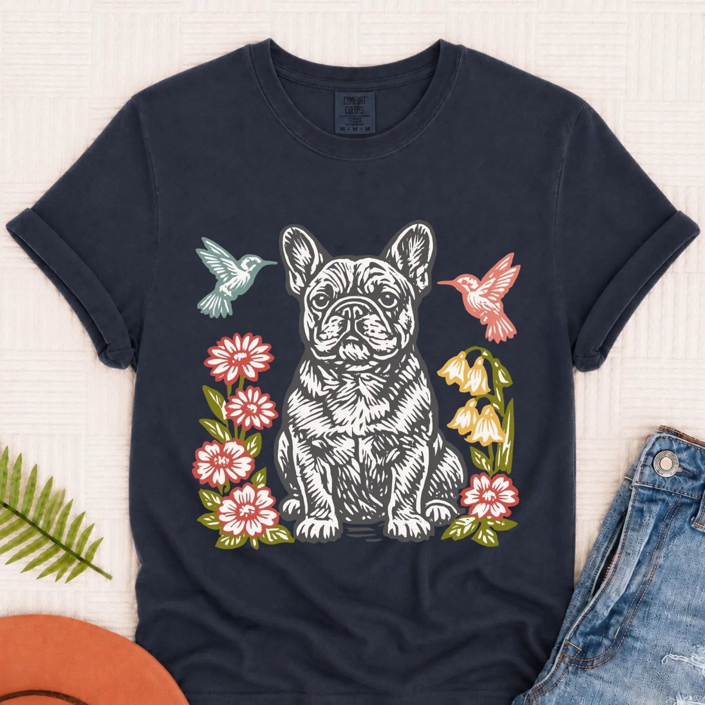 French Bulldog Woodcut Hummingbirds Unisex TShirt Navy
