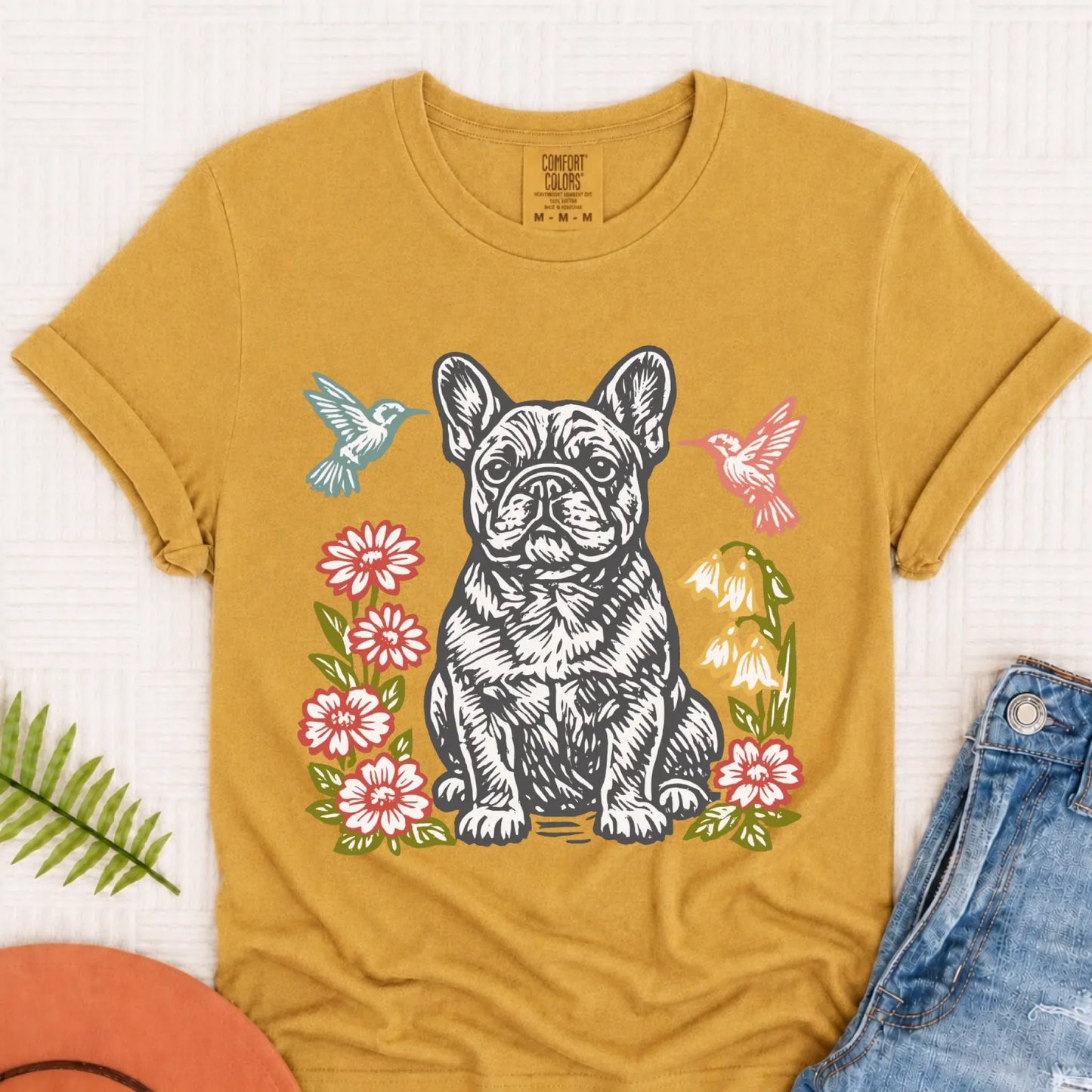 French Bulldog Woodcut Hummingbirds Unisex TShirt Mustard