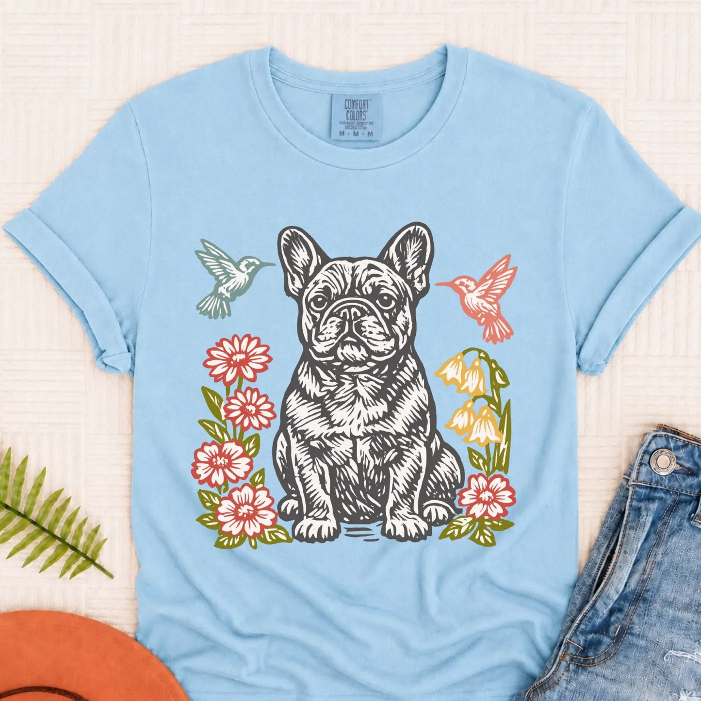 French Bulldog Woodcut Hummingbirds Unisex TShirt Chambray