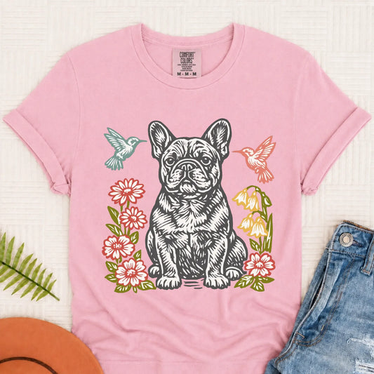 French Bulldog Woodcut Hummingbirds Unisex TShirt Blossom
