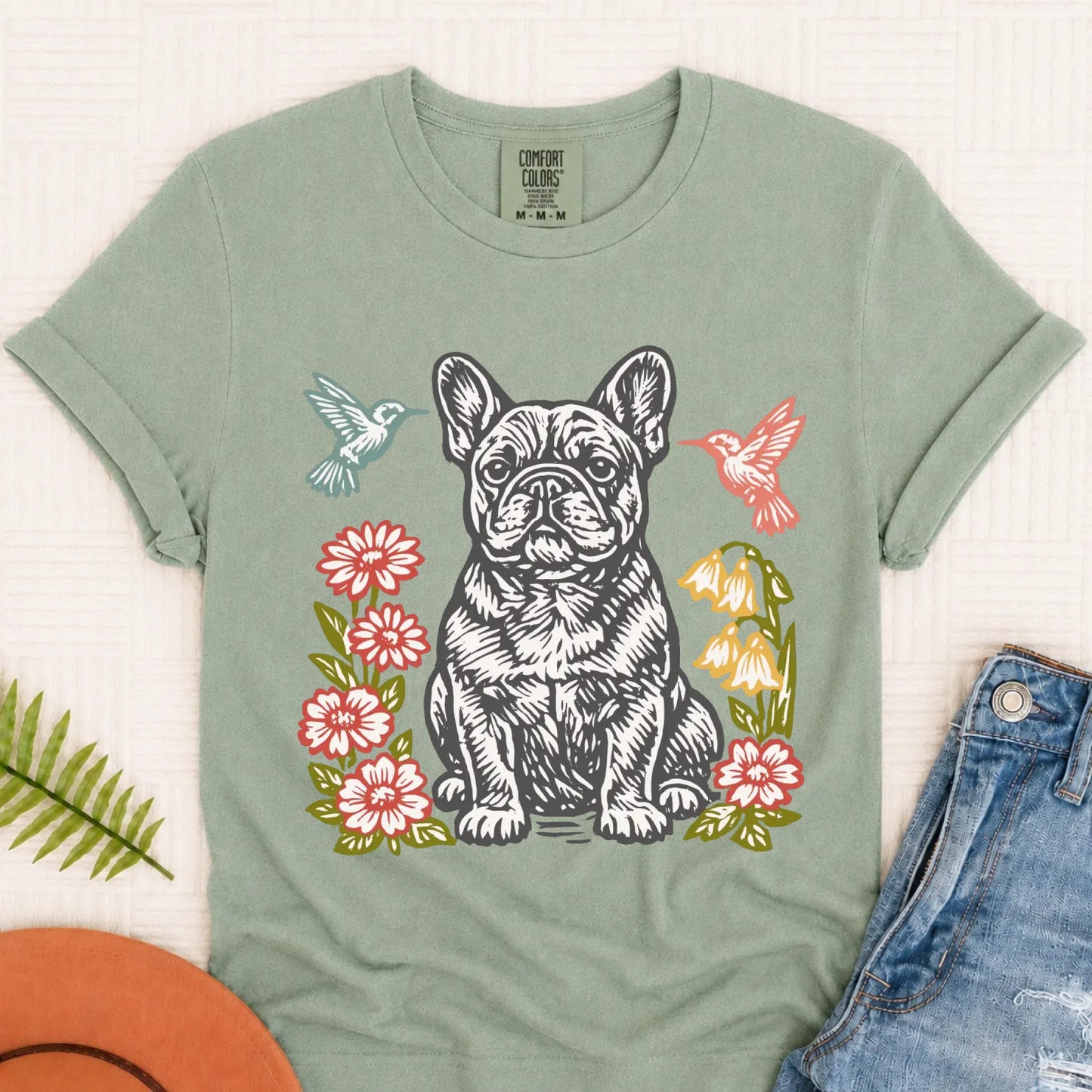 French Bulldog Woodcut Hummingbirds Unisex TShirt Bay