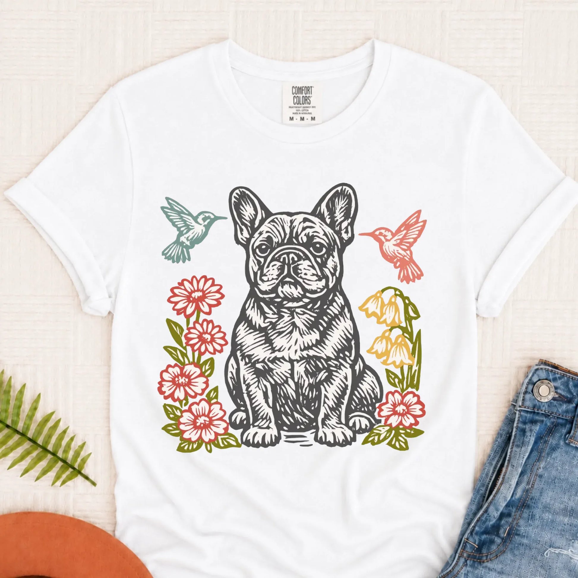 French Bulldog Woodcut Hummingbirds Unisex TShirt White