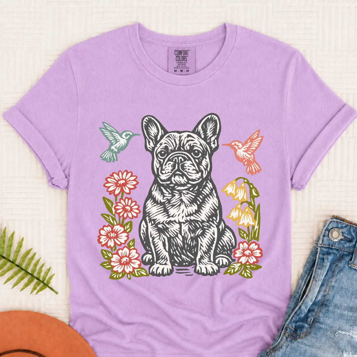 French Bulldog Woodcut Hummingbirds Unisex TShirt Orchid