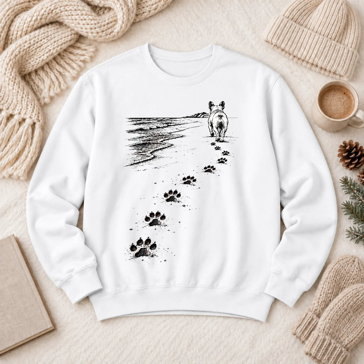 Frenchie Bulldog Beach Walk Unisex Sweatshirt White