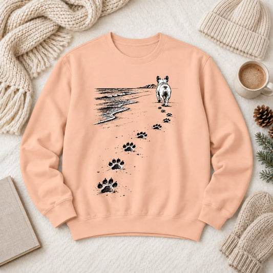 Frenchie Bulldog Beach Walk Unisex Sweatshirt Peachy