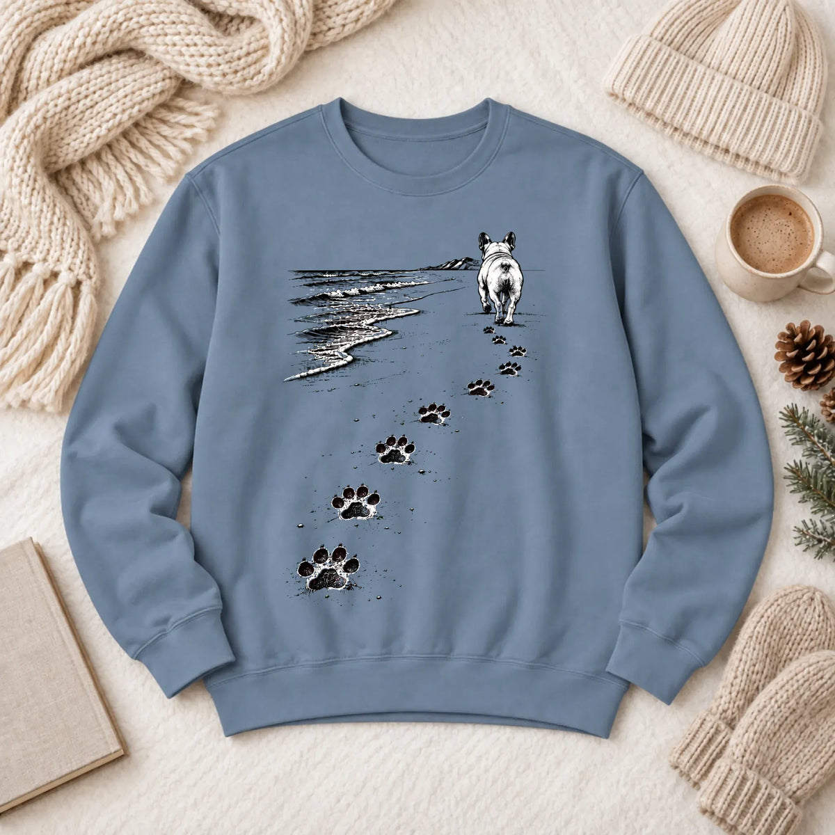 Frenchie Bulldog Beach Walk Unisex Sweatshirt Blue Jean