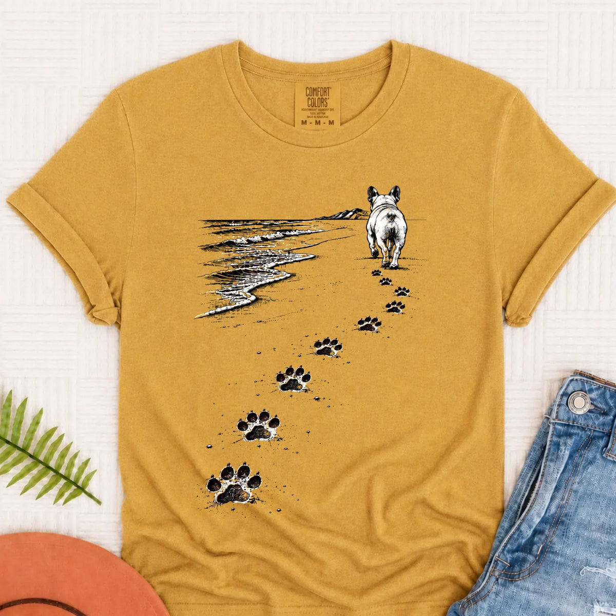 Frenchie Bulldog Beach Walk Unisex Tshirt Mustard