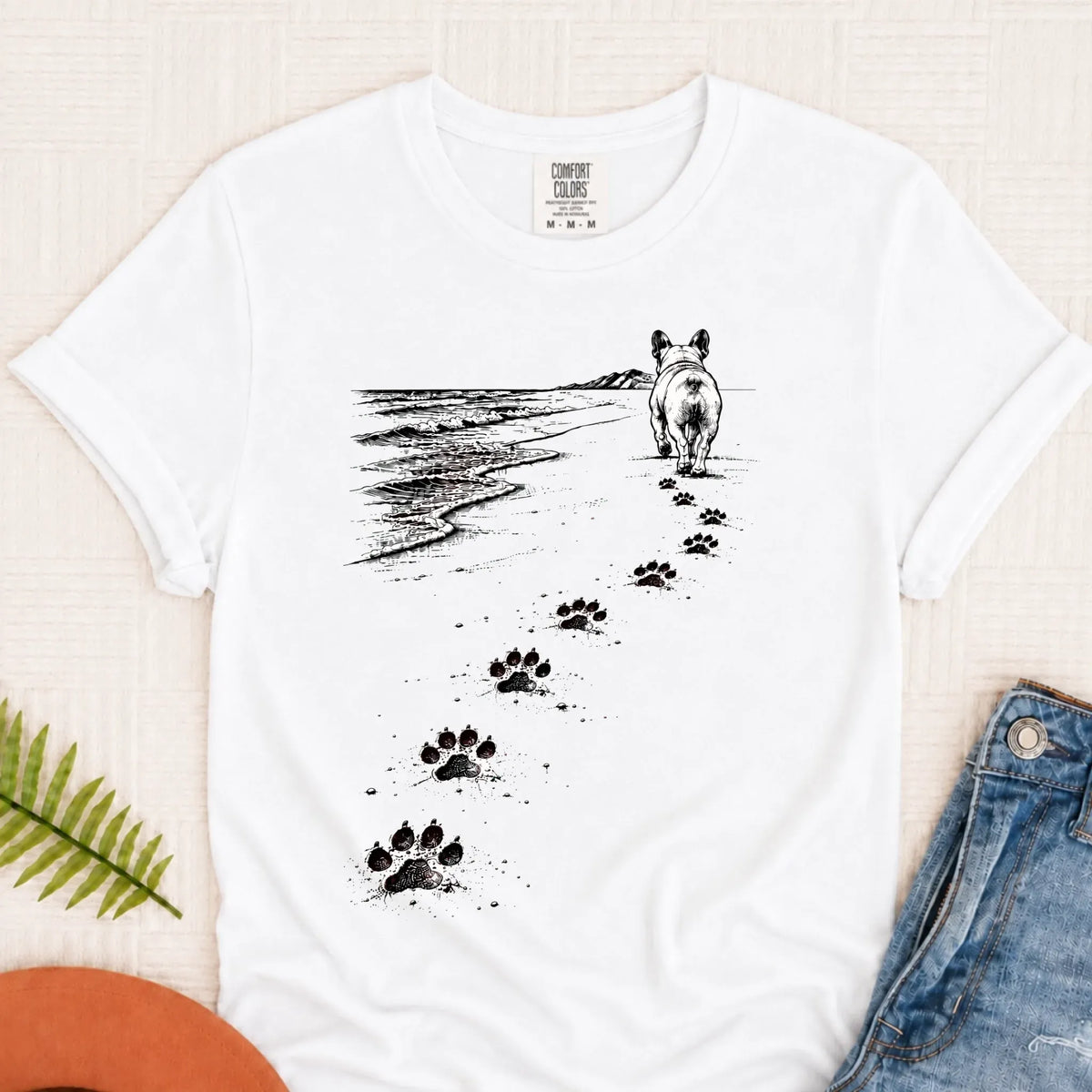 Frenchie Bulldog Beach Walk Unisex Tshirt White