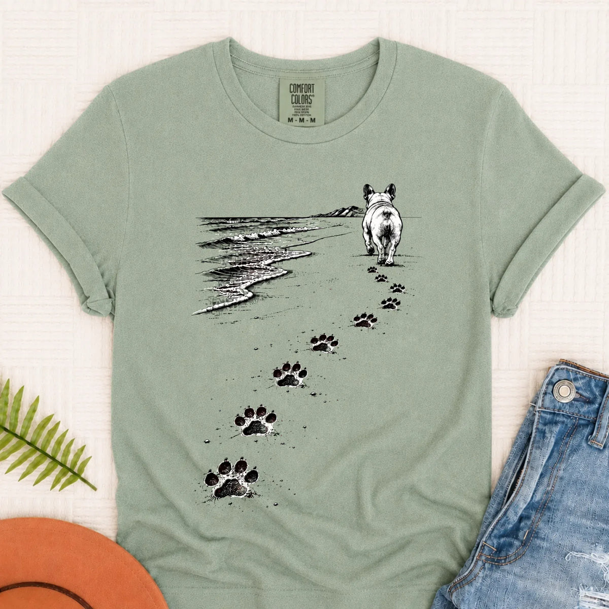 Frenchie Bulldog Beach Walk Unisex Tshirt Bay