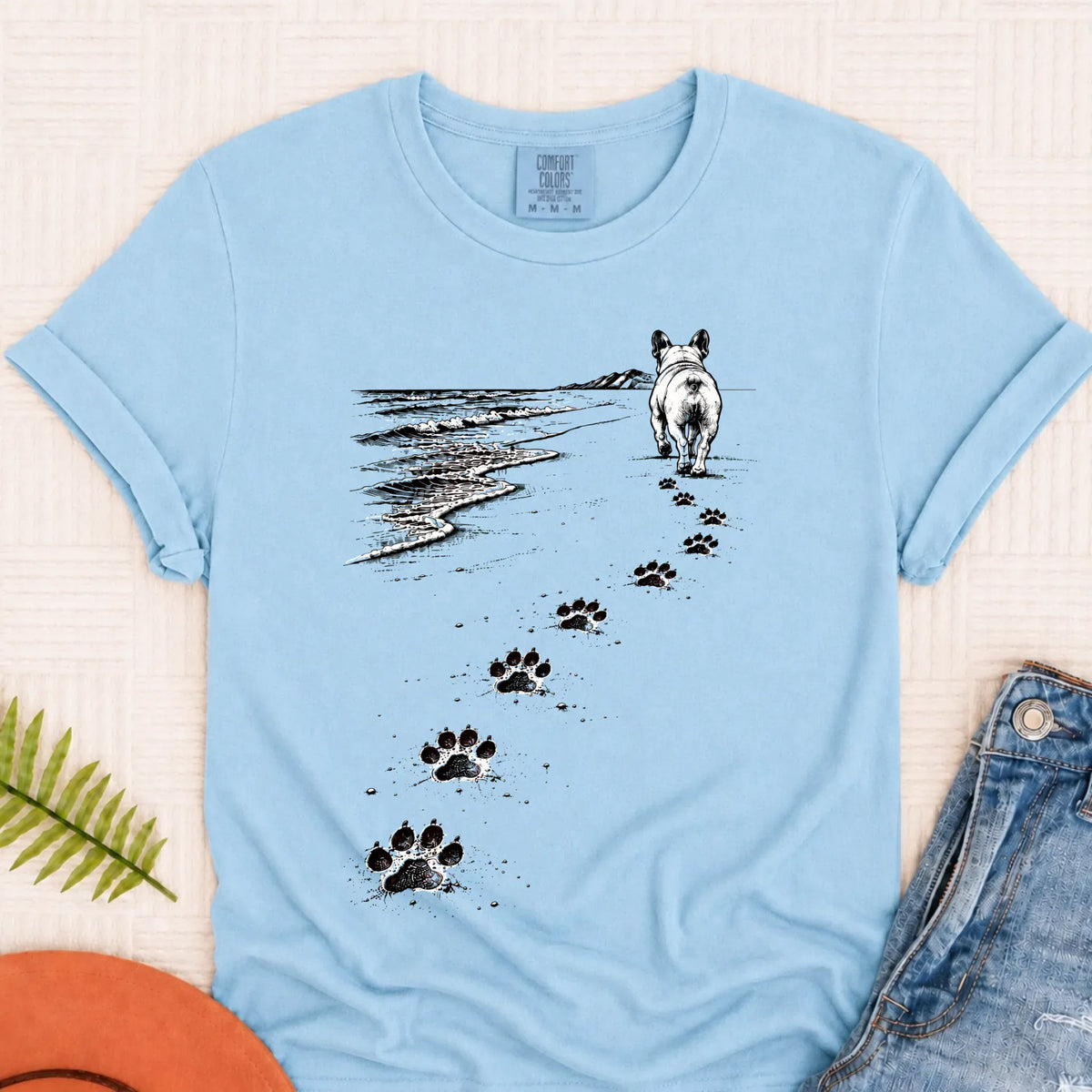 Frenchie Bulldog Beach Walk Unisex Tshirt Chambray