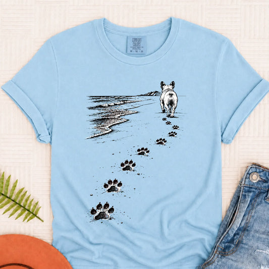 Frenchie Bulldog Beach Walk Unisex Tshirt Chambray
