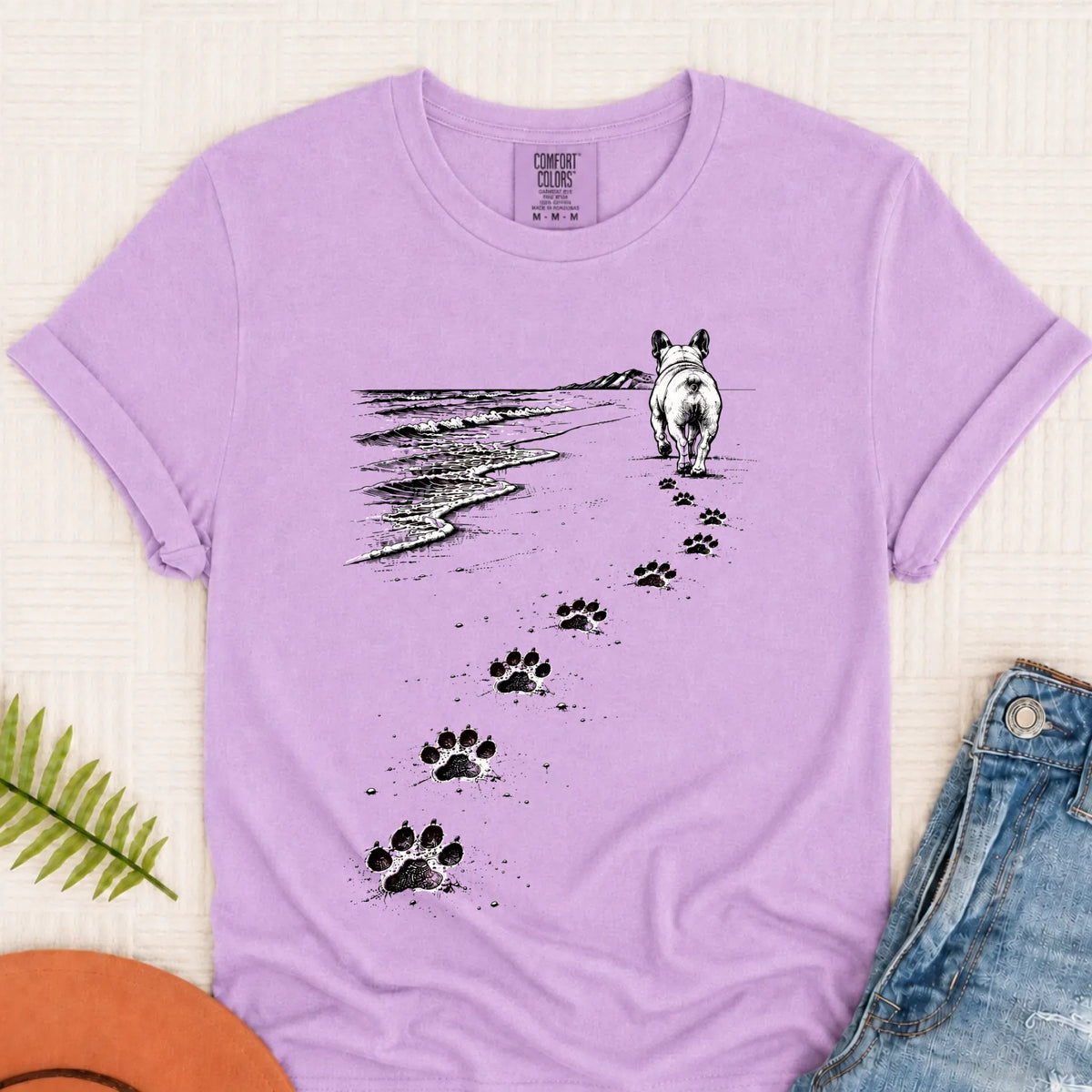 Frenchie Bulldog Beach Walk Unisex Tshirt Orchid
