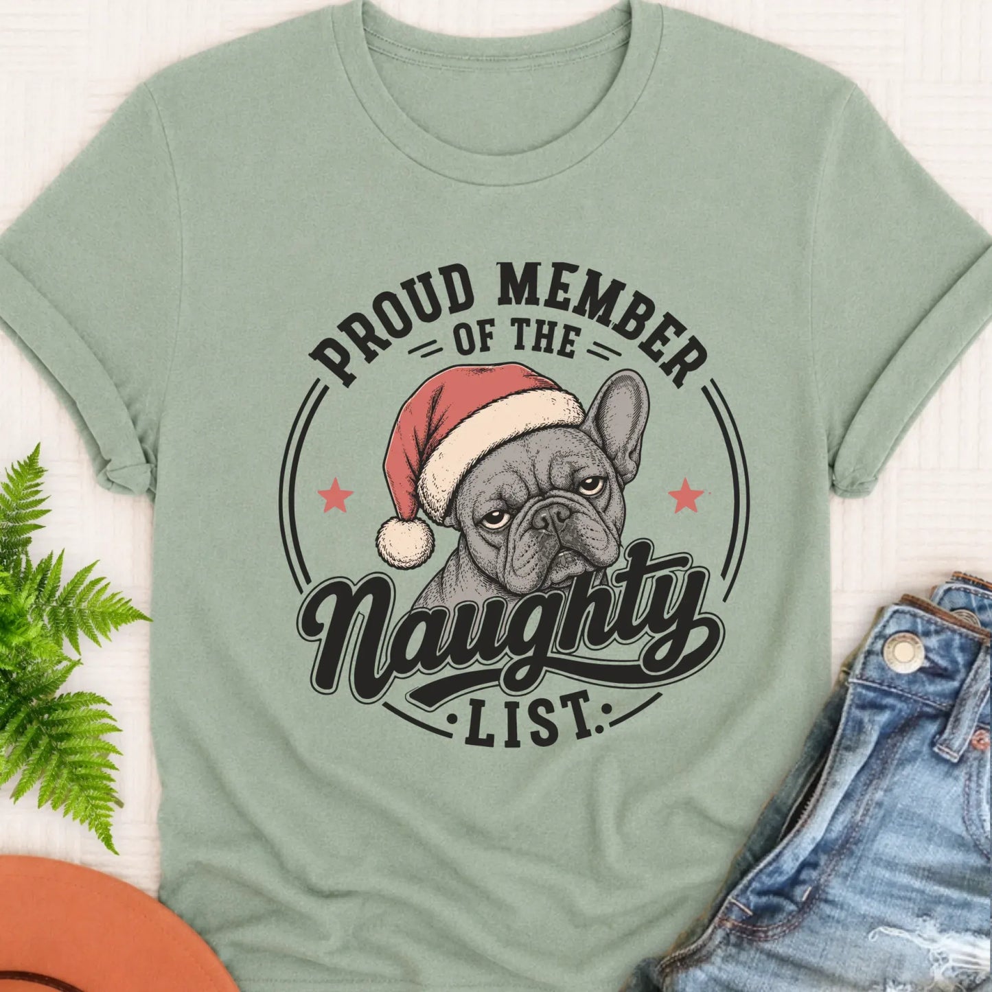 Frenchie Bulldog Christmas Naughty List Unisex TShirt Bay