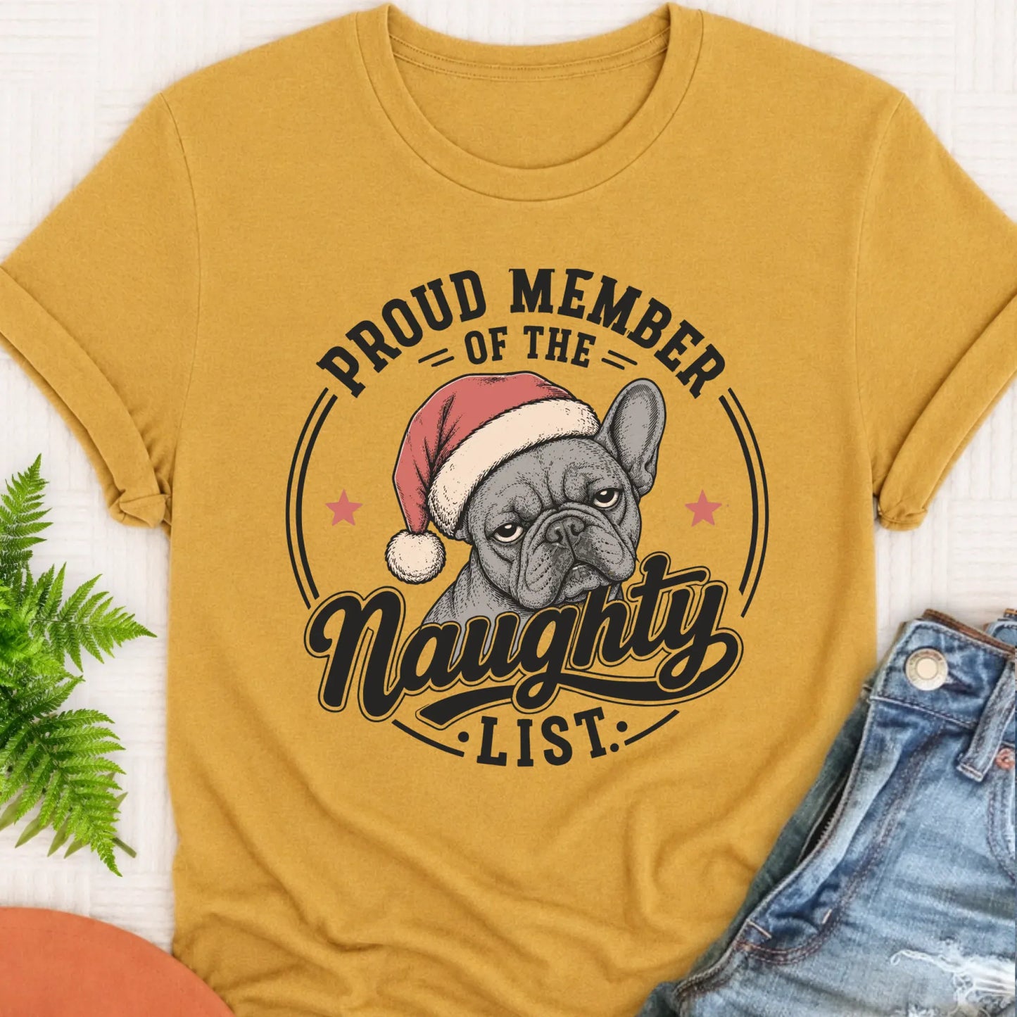Frenchie Bulldog Christmas Naughty List Unisex TShirt Mustard
