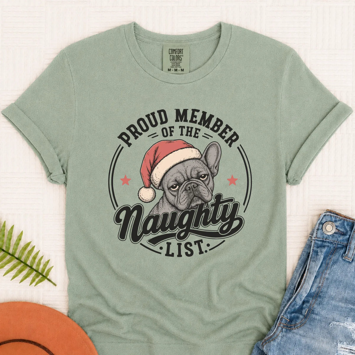 Frenchie Bulldog Christmas Naughty List Unisex TShirt Bay