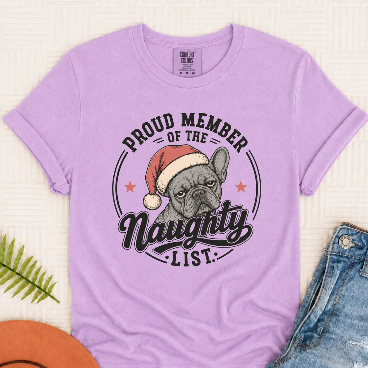 Frenchie Bulldog Christmas Naughty List Unisex TShirt Orchid