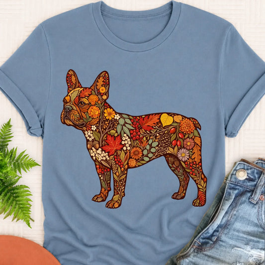 Frenchie Bulldog Fall Floral Silhouette Unisex TShirt Blue Jean