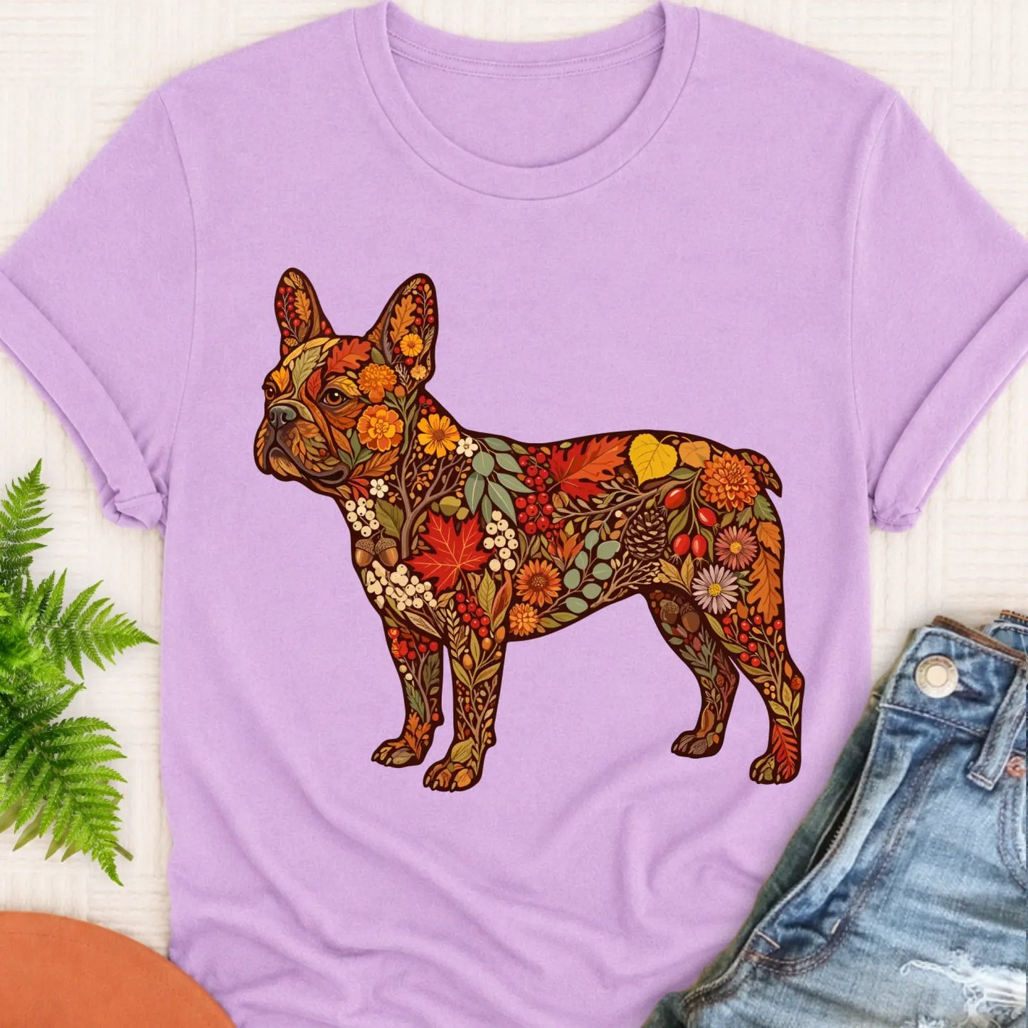 T-Shirt Orchid / S Frenchie Bulldog Fall Floral Silhouette Unisex TShirt