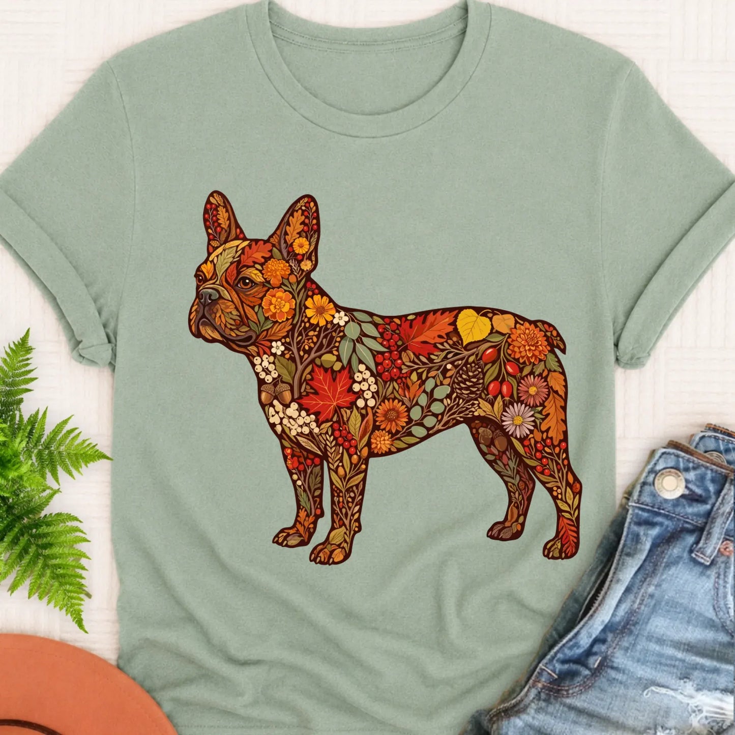 T-Shirt Bay / S Frenchie Bulldog Fall Floral Silhouette Unisex TShirt