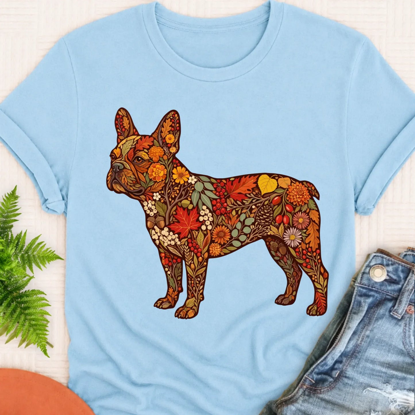 T-Shirt Chambray / S Frenchie Bulldog Fall Floral Silhouette Unisex TShirt