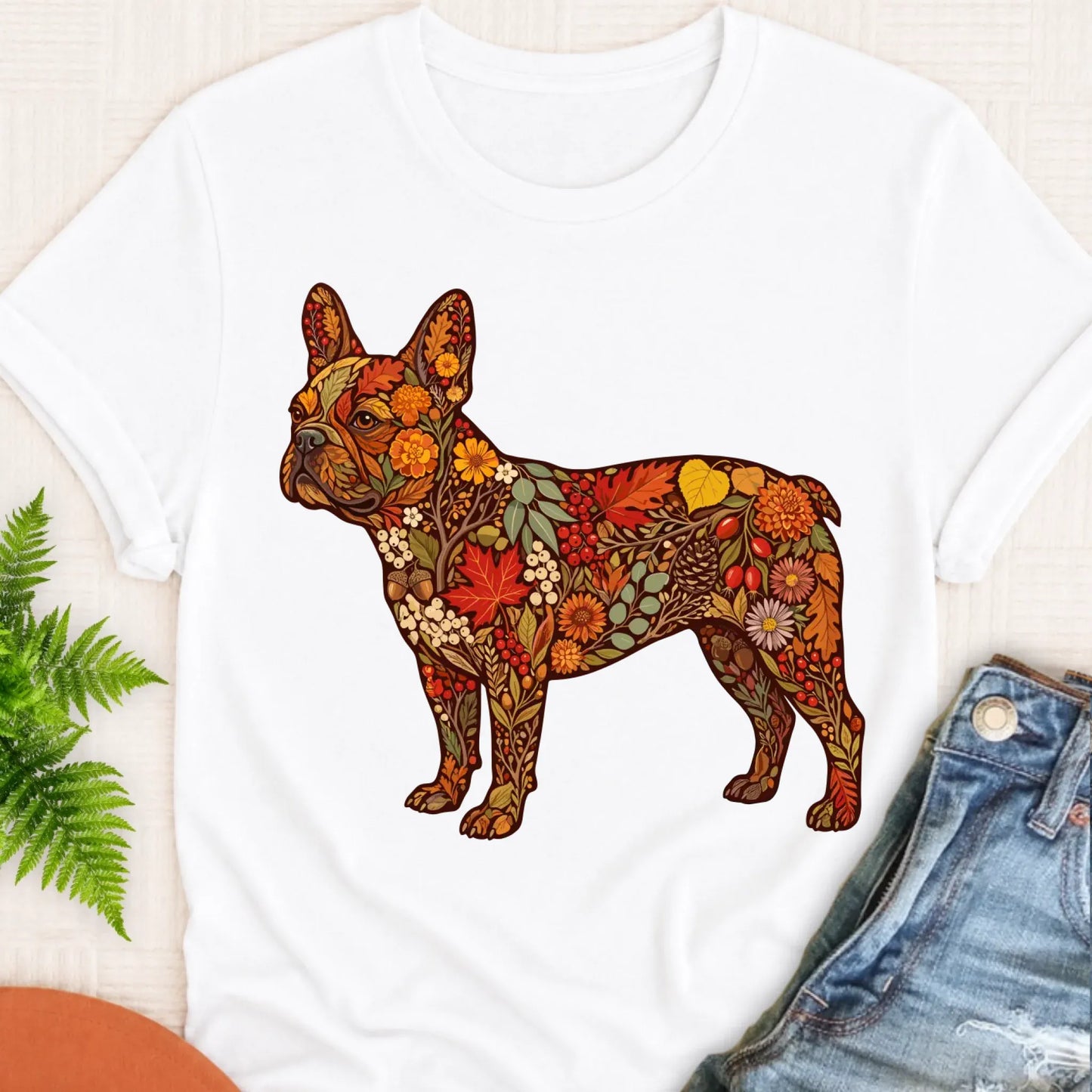 T-Shirt White / S Frenchie Bulldog Fall Floral Silhouette Unisex TShirt
