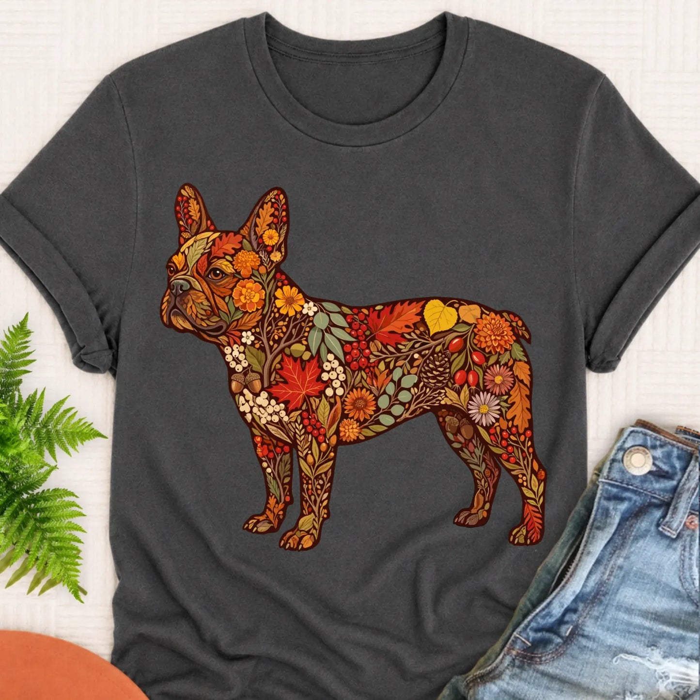 T-Shirt Pepper / S Frenchie Bulldog Fall Floral Silhouette Unisex TShirt