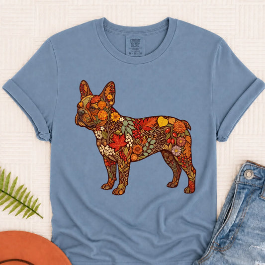 Frenchie Bulldog Fall Floral Silhouette Unisex TShirt Blue Jean