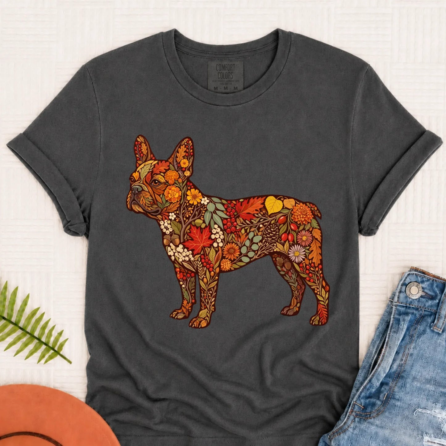Frenchie Bulldog Fall Floral Silhouette Unisex TShirt Pepper