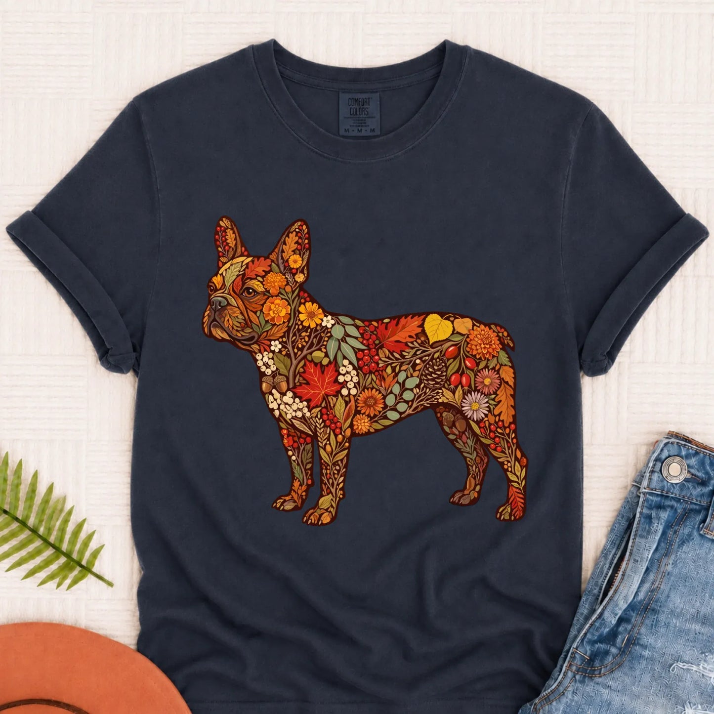 Frenchie Bulldog Fall Floral Silhouette Unisex TShirt Navy