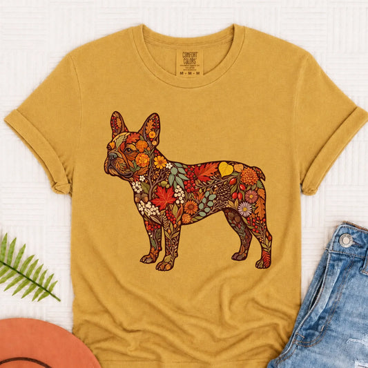 Frenchie Bulldog Fall Floral Silhouette Unisex TShirt Mustard