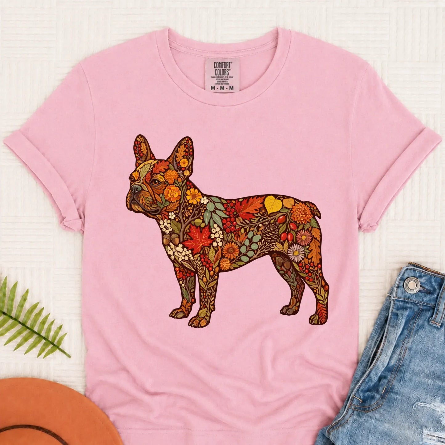 Frenchie Bulldog Fall Floral Silhouette Unisex TShirt Blossom