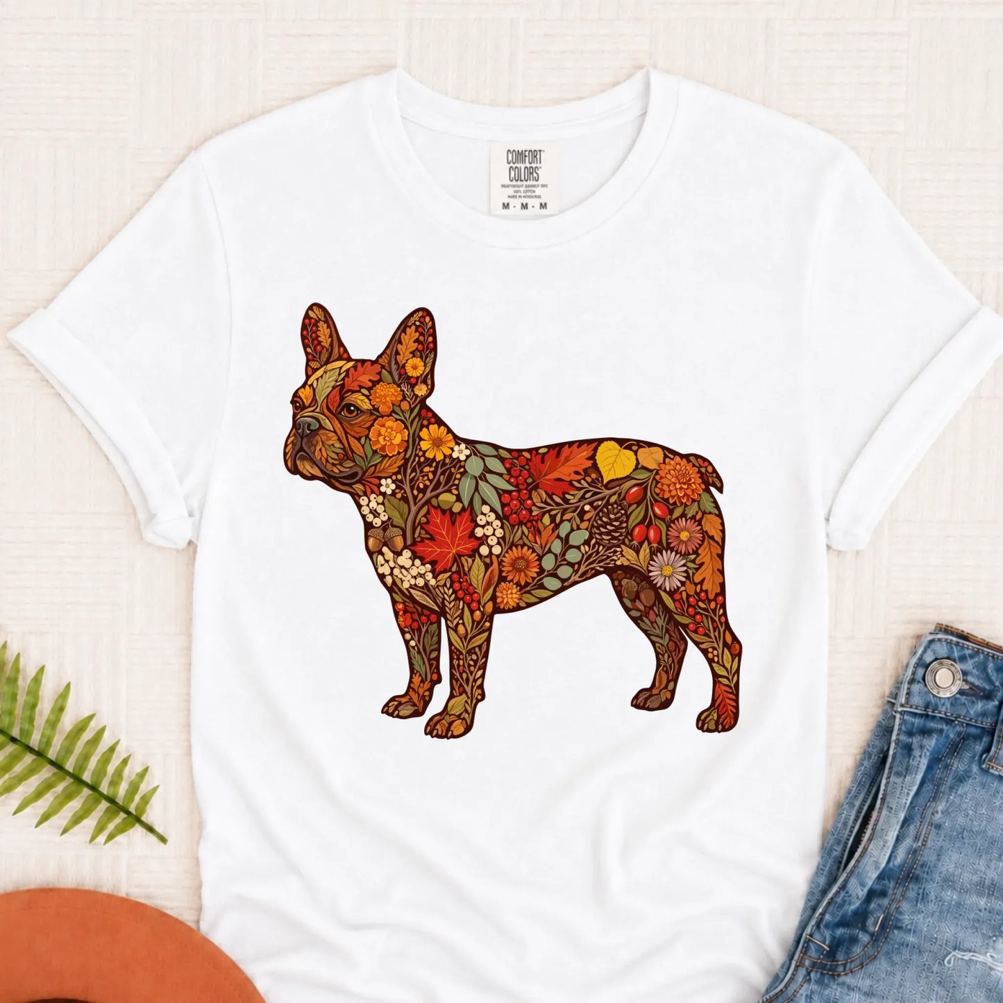 Frenchie Bulldog Fall Floral Silhouette Unisex TShirt White